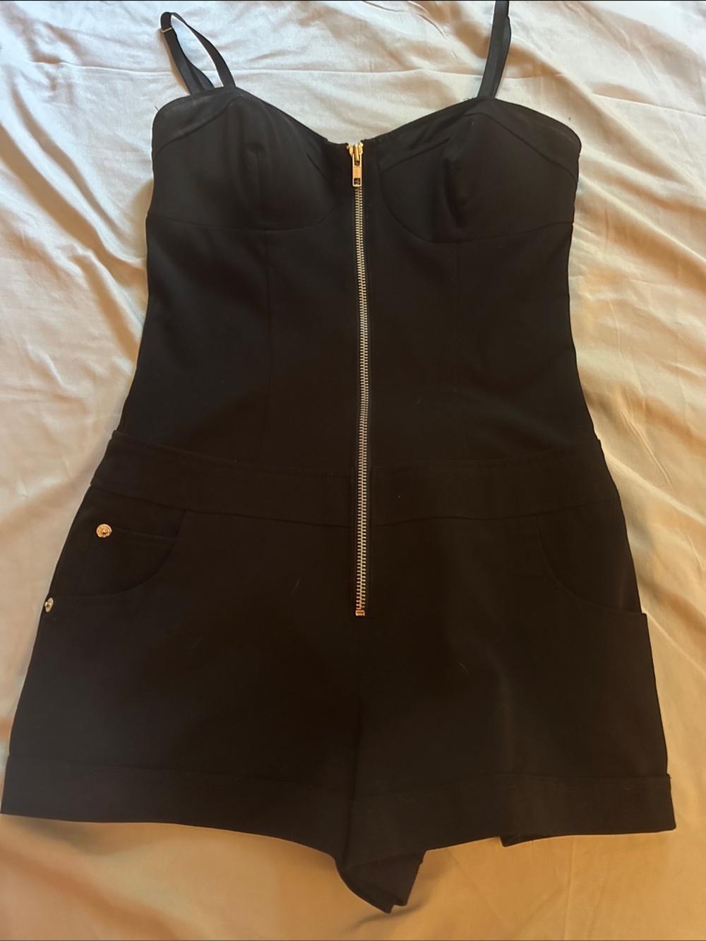 Women’s  Black Zip-Front Romper with Adjustable Straps